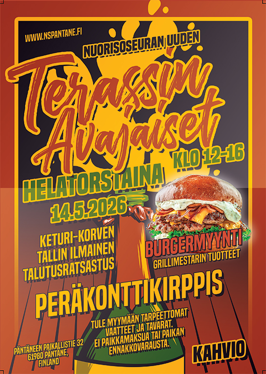 Helatorstaina 14.5.2026 klo 12.00 - 16.00 Päntäneen nuorisoseuralla järjestetään uuden terassin avajaistapahtuma.